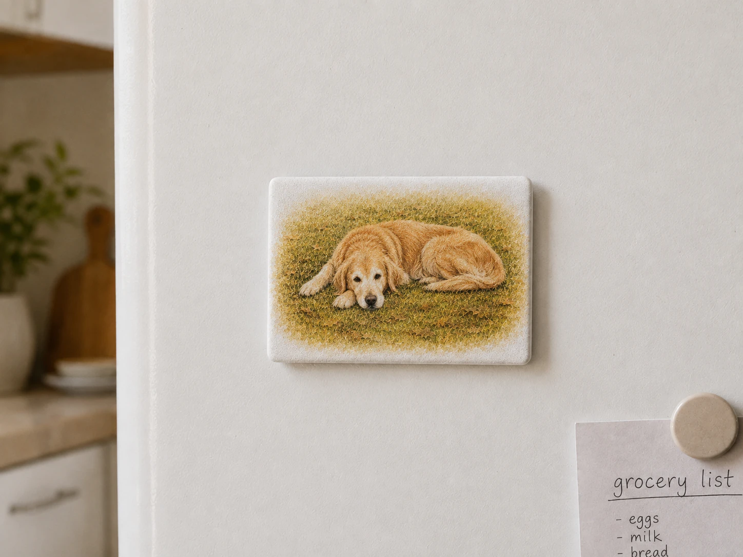 Photographed ceramic Qiqi magnet displayed on a refrigerator beside a grocery list.