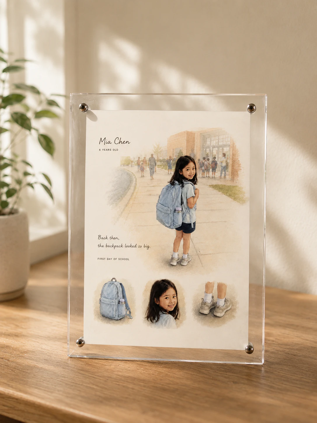 Photographed clear acrylic display of Mia Chen's Growing Years Keepsake in warm home light.