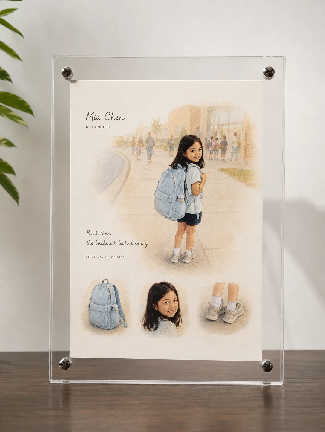 Photographed clear acrylic display showing Mia Chen's Growing Years artwork.