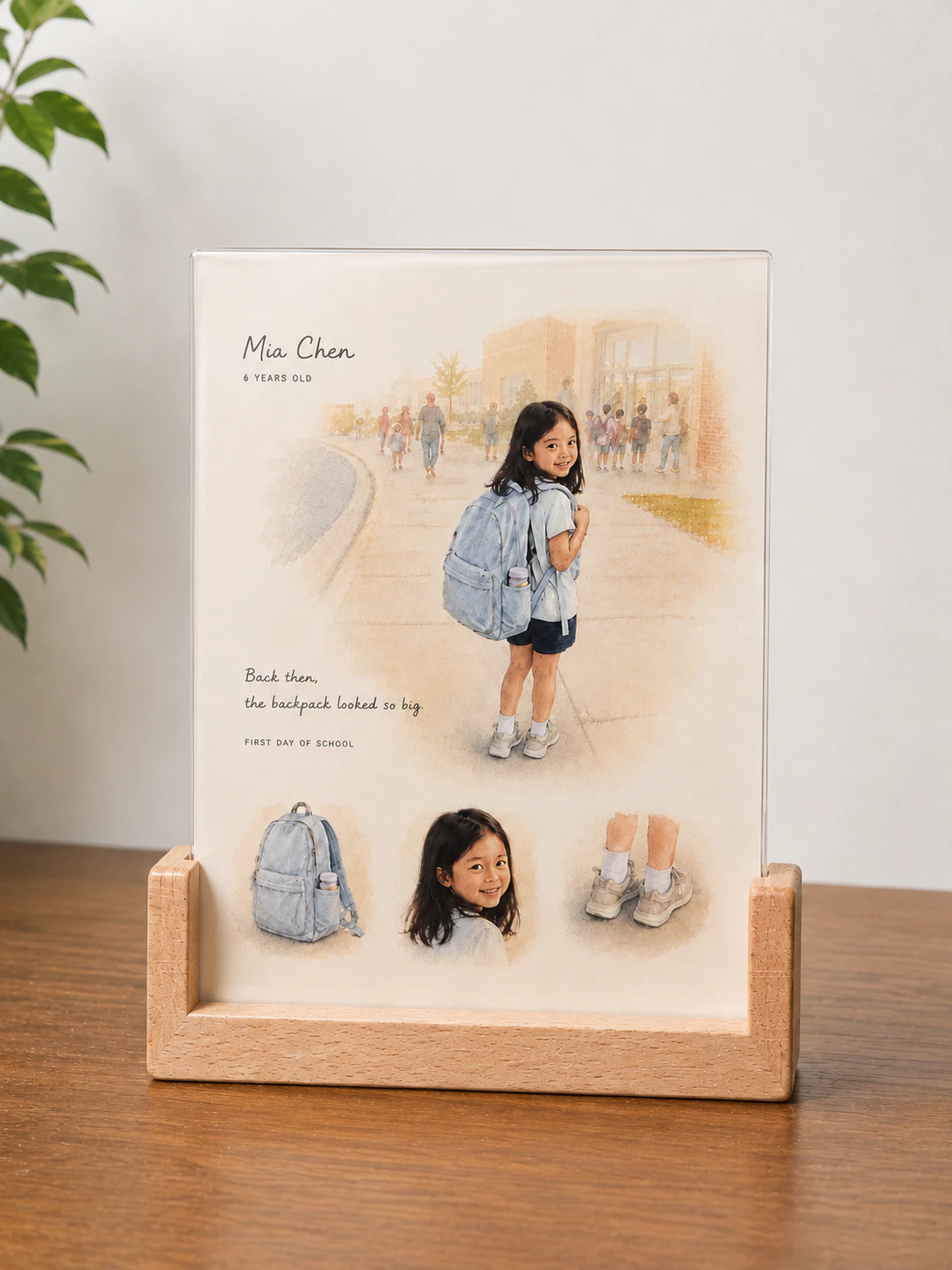 Photographed wood base display showing the same Mia Chen Growing Years artwork.