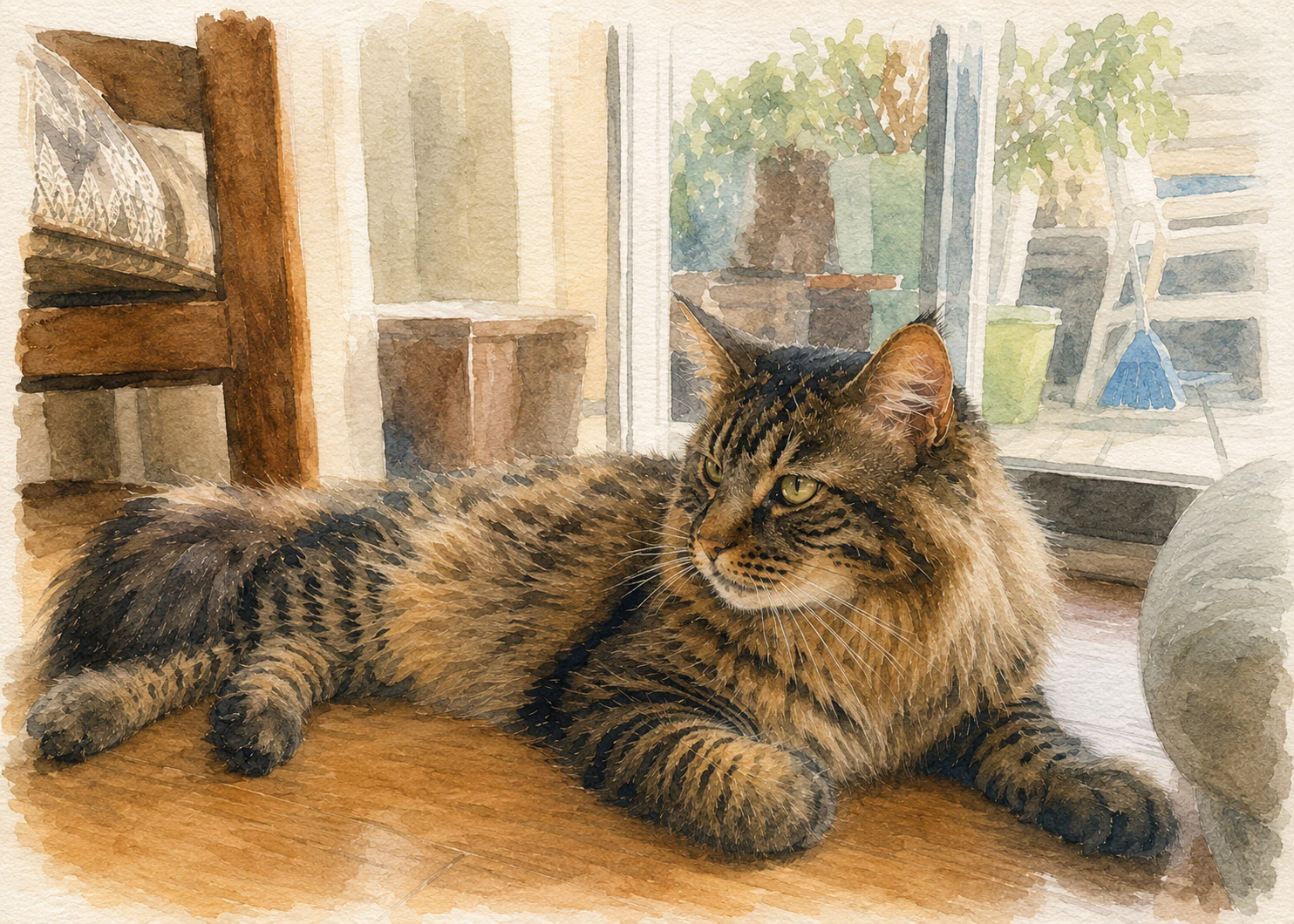 Watercolor artwork of Milo resting at home in the quiet light of an ordinary day.