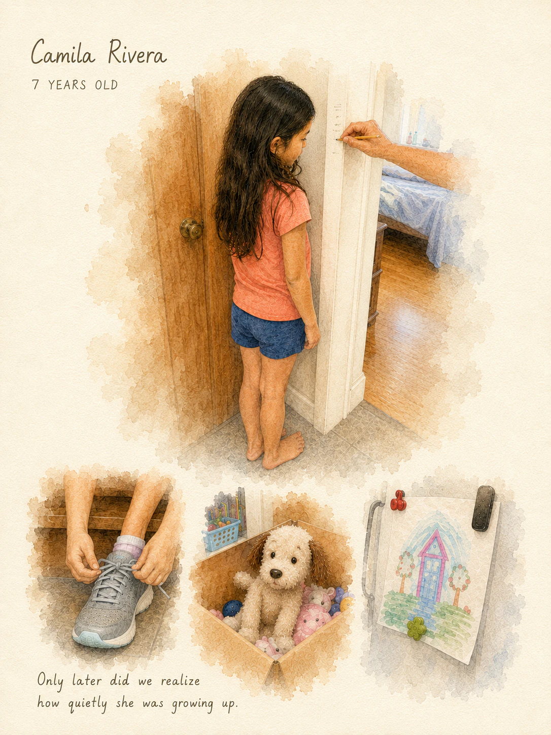 Final watercolor artwork preserving Camila Rivera at seven beside a height mark and ordinary home details.