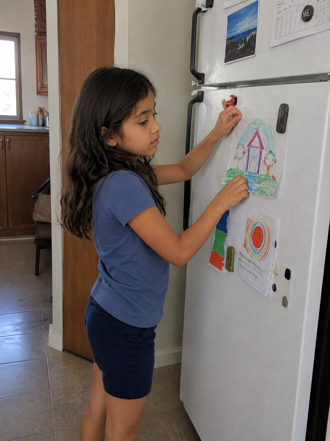 Camila placing a drawing on the refrigerator.