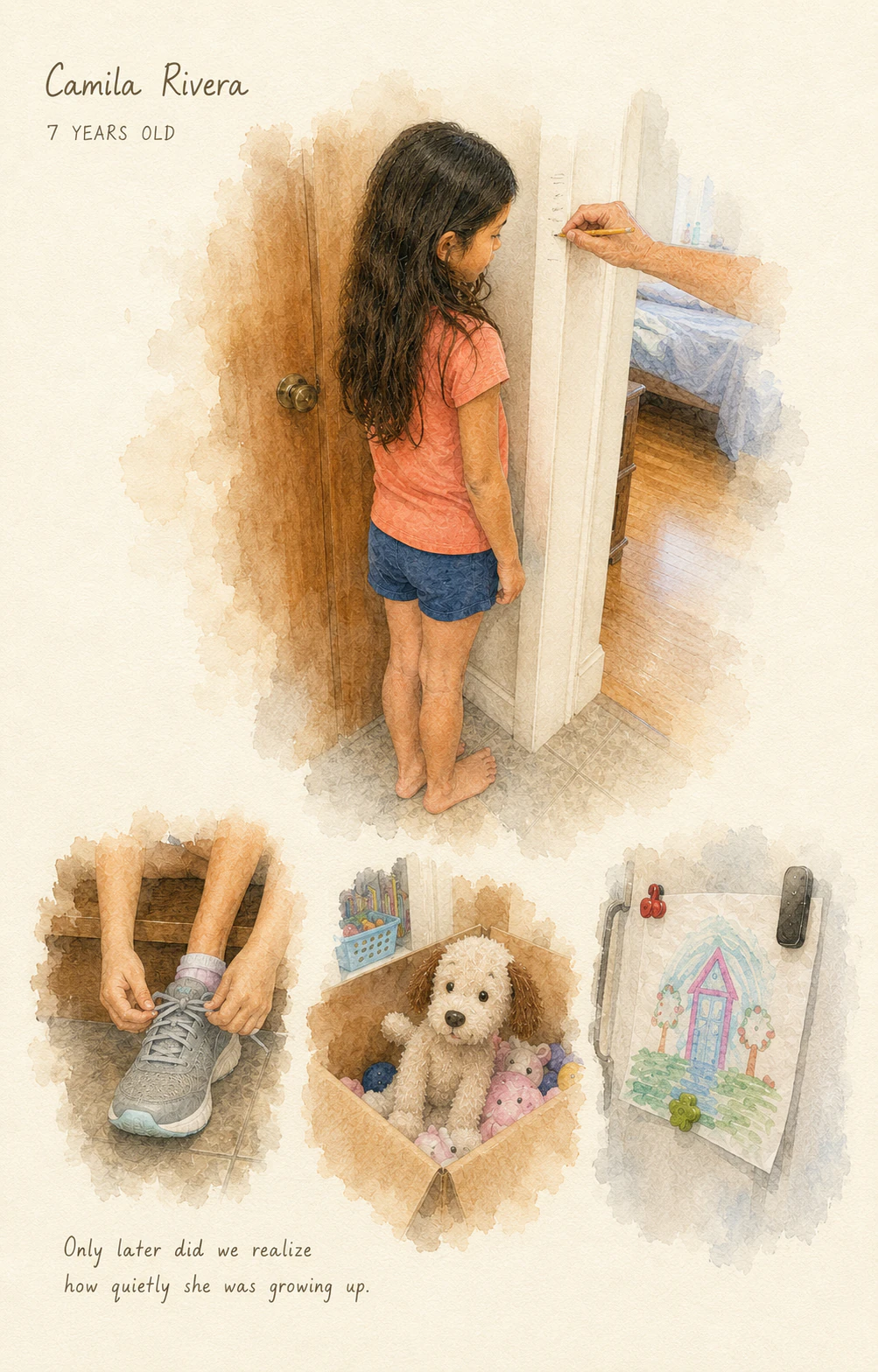 Watercolor artwork of seven-year-old Camila Rivera by a doorframe, with small fragments from ordinary home life.