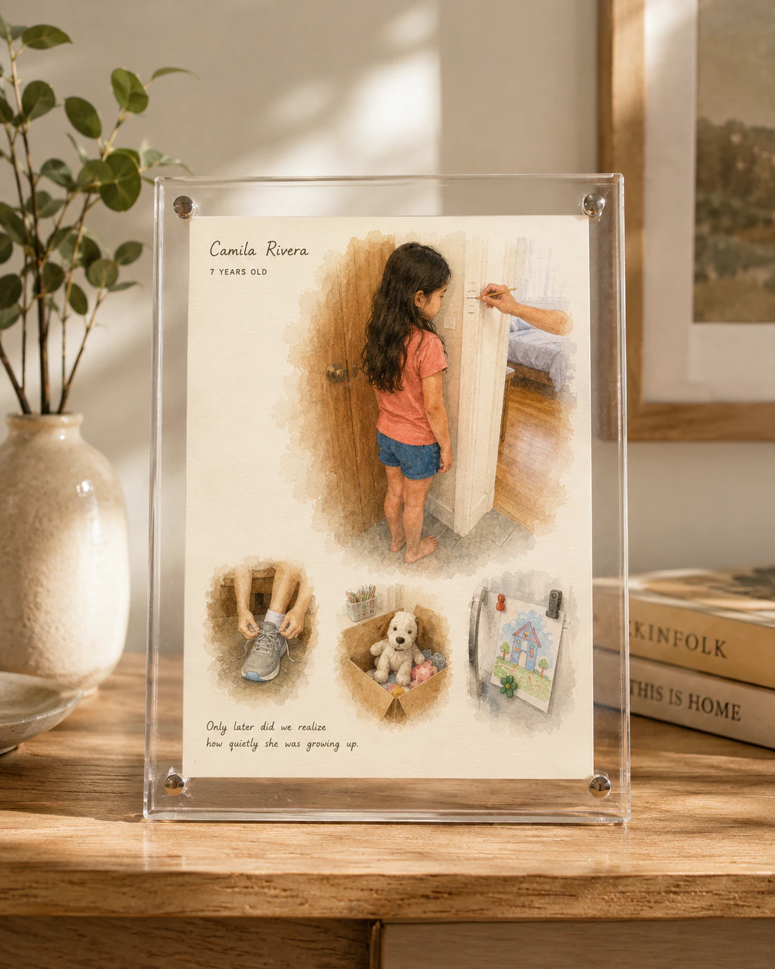 Transparent acrylic double-panel frame with metal corner fasteners displaying Camila's final artwork on a home table.