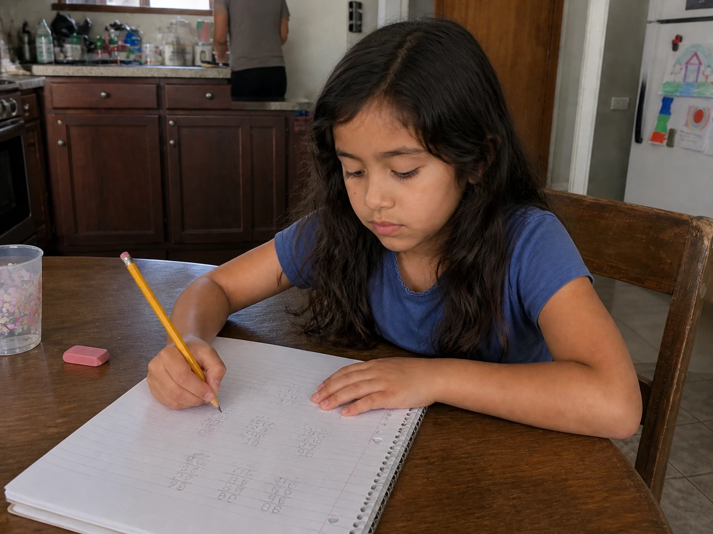 Camila Rivera doing homework at the kitchen table.