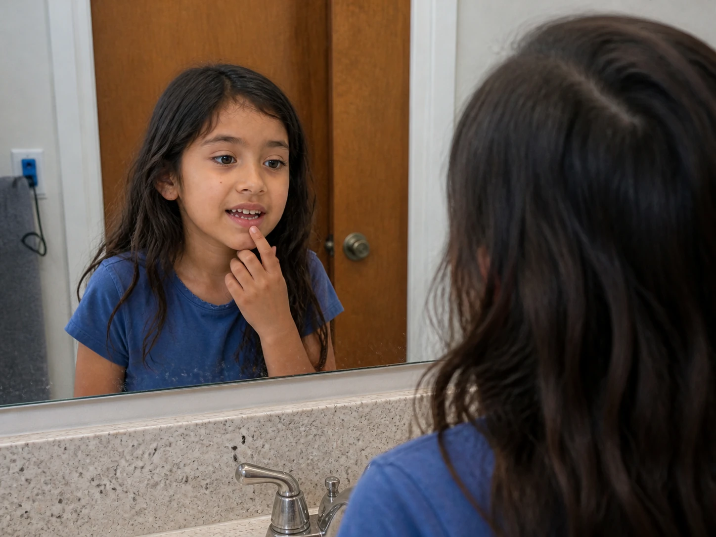 Camila Rivera looking at a lost tooth in the bathroom mirror.