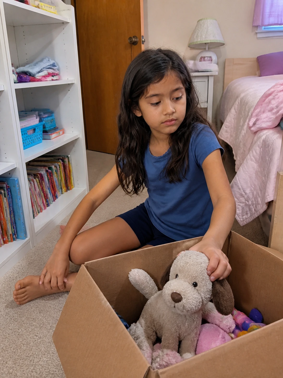 Camila Rivera sorting old toys from a cardboard box in her room.