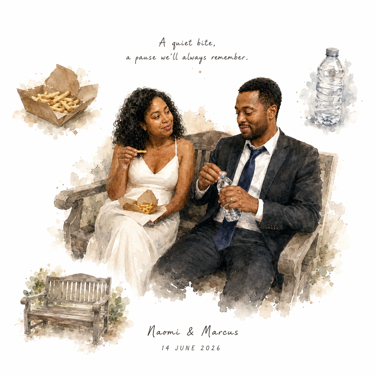 Final watercolor memory artwork of Naomi and Marcus sitting on a bench after their wedding, sharing fries and water.