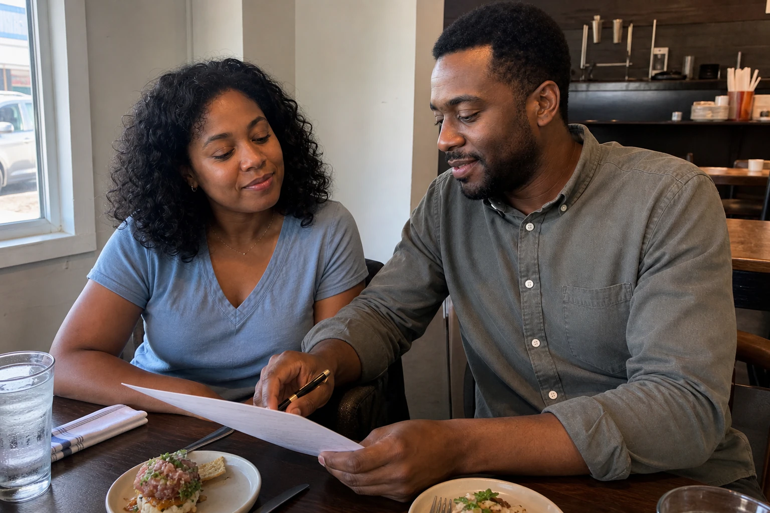 Naomi and Marcus reviewing a menu together during a quiet meal before their wedding.