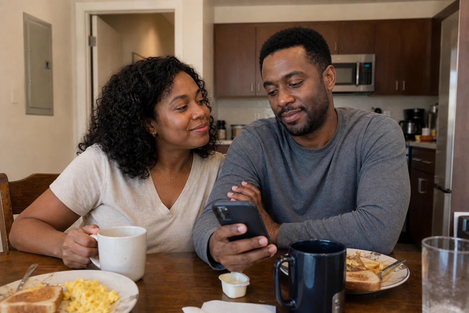 Naomi and Marcus sharing a quiet breakfast together the morning after the wedding.