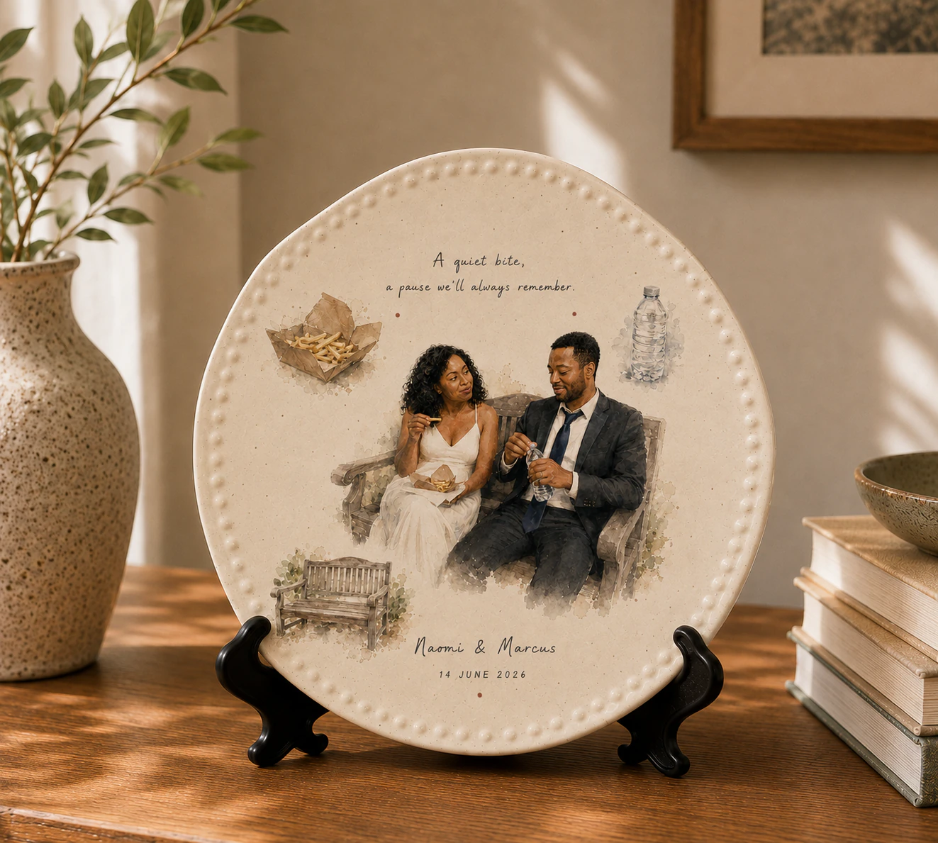 Approved warm ivory ceramic memory plate with Naomi and Marcus's watercolor artwork on a dark stand in a home setting.