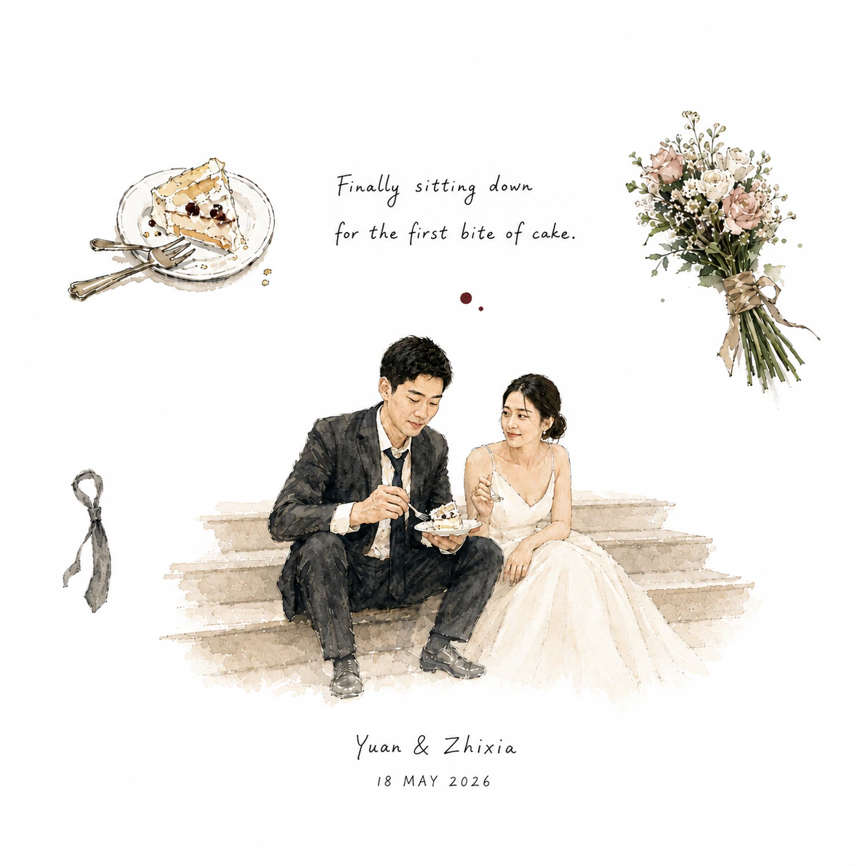 Approved English watercolor artwork of Yuan and Zhixia sitting together with their wedding cake and bouquet.