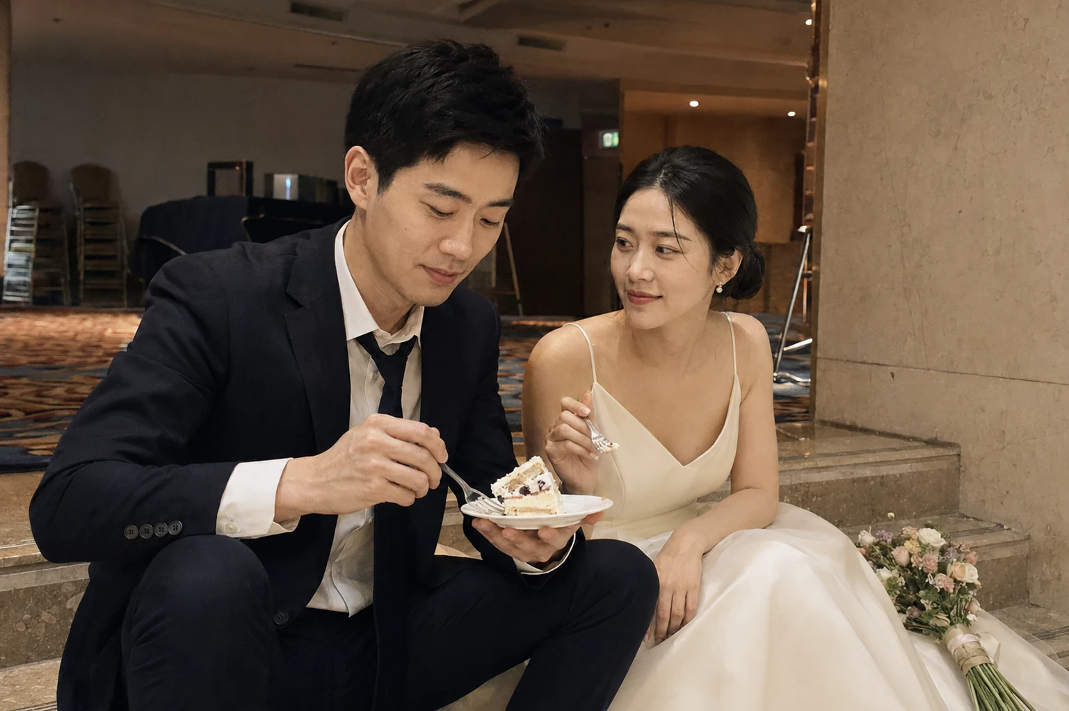Yuan and Zhixia sitting together after their wedding while sharing a piece of cake.