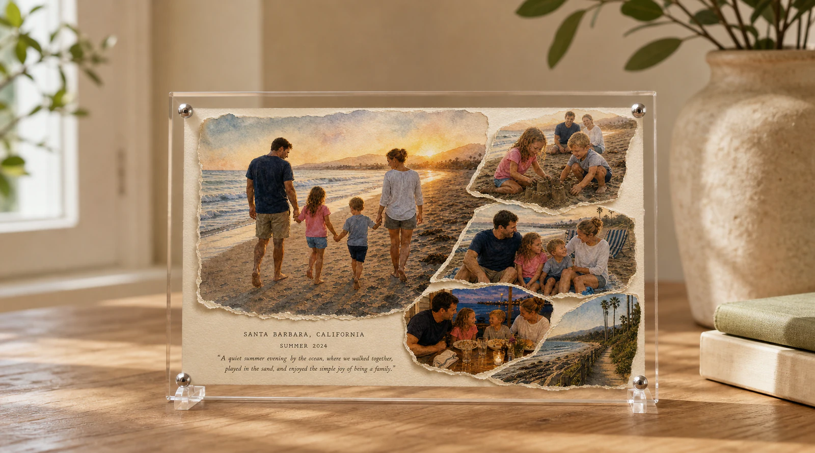 Clear acrylic display showing the Santa Barbara family memory artwork in a warm home setting.