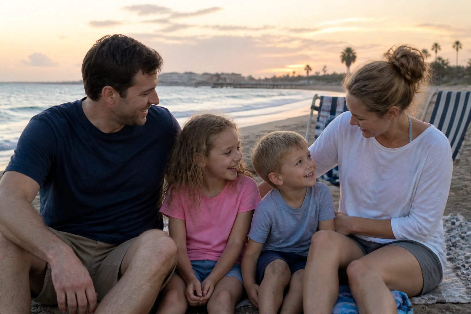 Source photograph of a family sitting together beside the ocean at sunset.