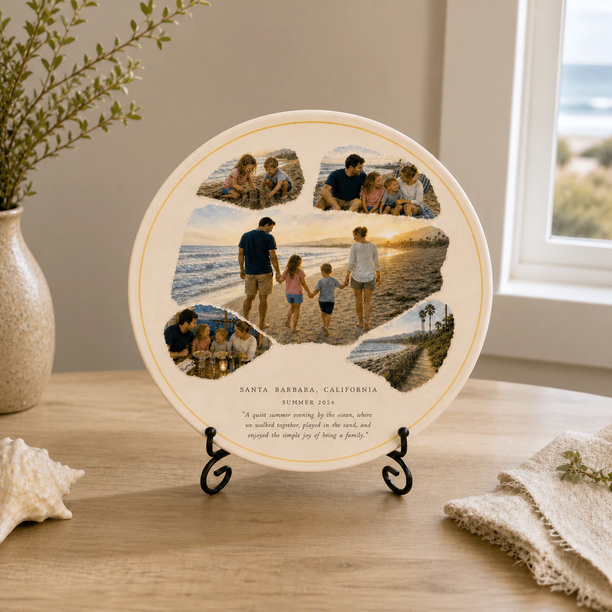 Ceramic keepsake plate displaying the Santa Barbara family memory artwork on a tabletop stand.