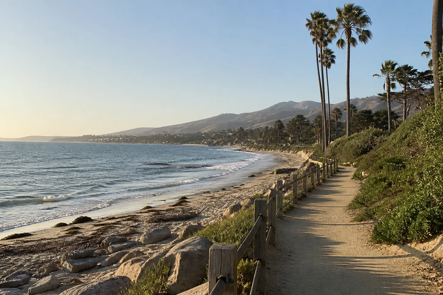 Source photograph of the Santa Barbara coastline and palms in the evening light.