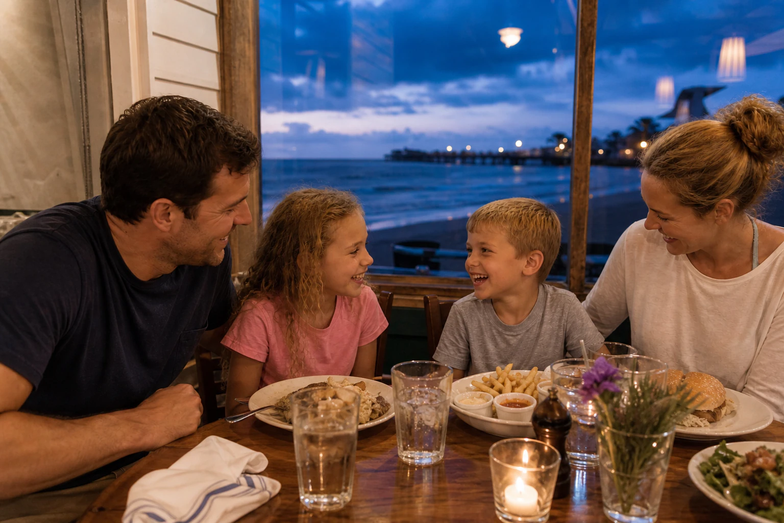 Source photograph of a family sharing dinner beside the water after the beach.