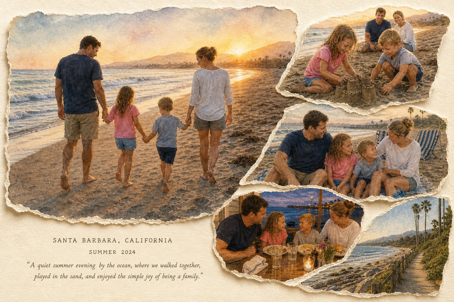 Editorial watercolor memory artwork of a family walking the Santa Barbara beach, with sandcastle, dinner, and shoreline moments arranged around it.