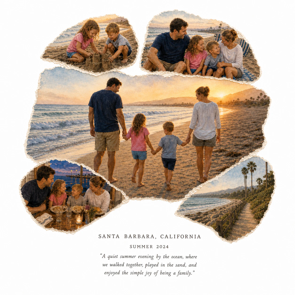 White-background watercolor memory artwork for the Santa Barbara family memory.