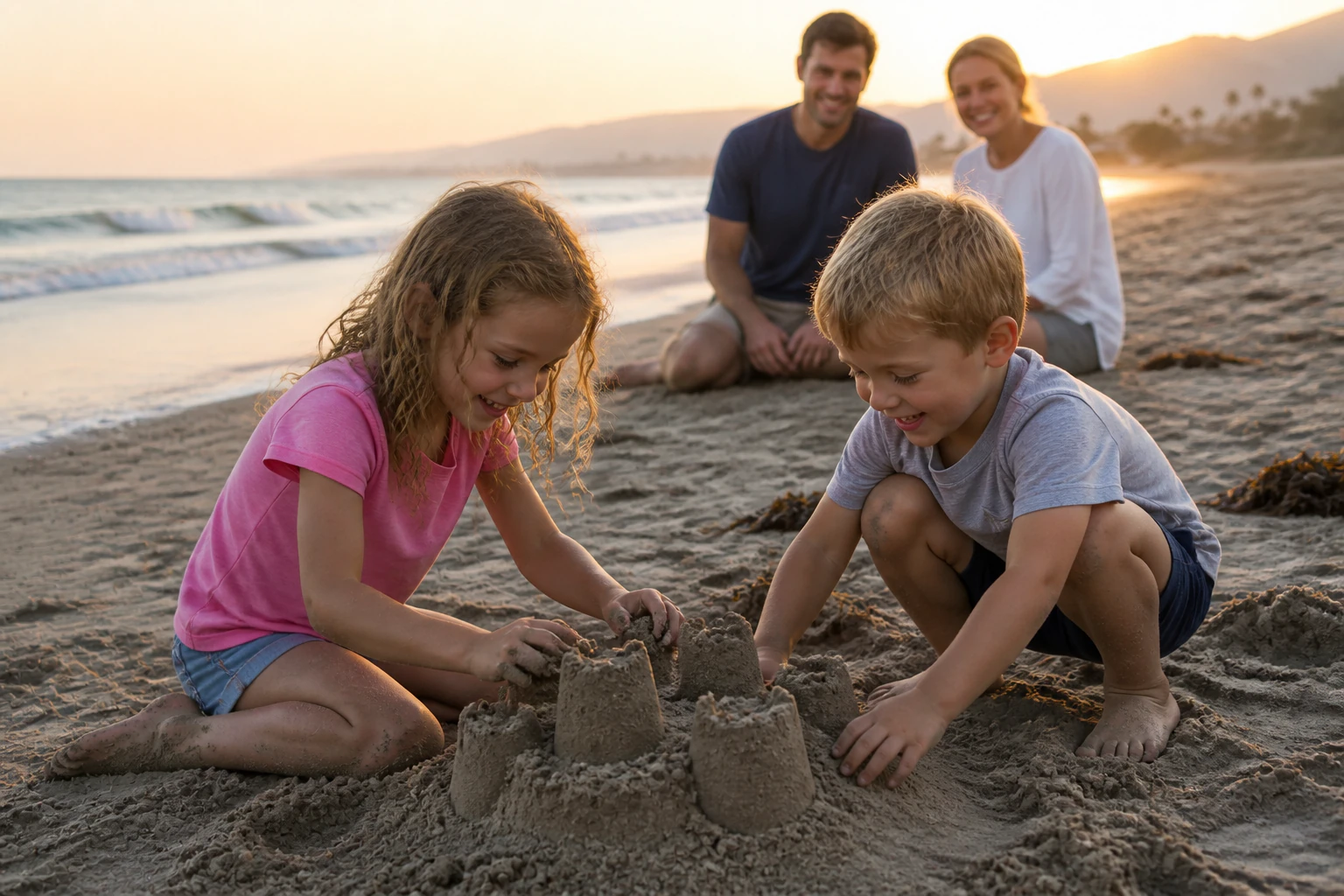 Source photograph of two children building a sandcastle together on the beach.
