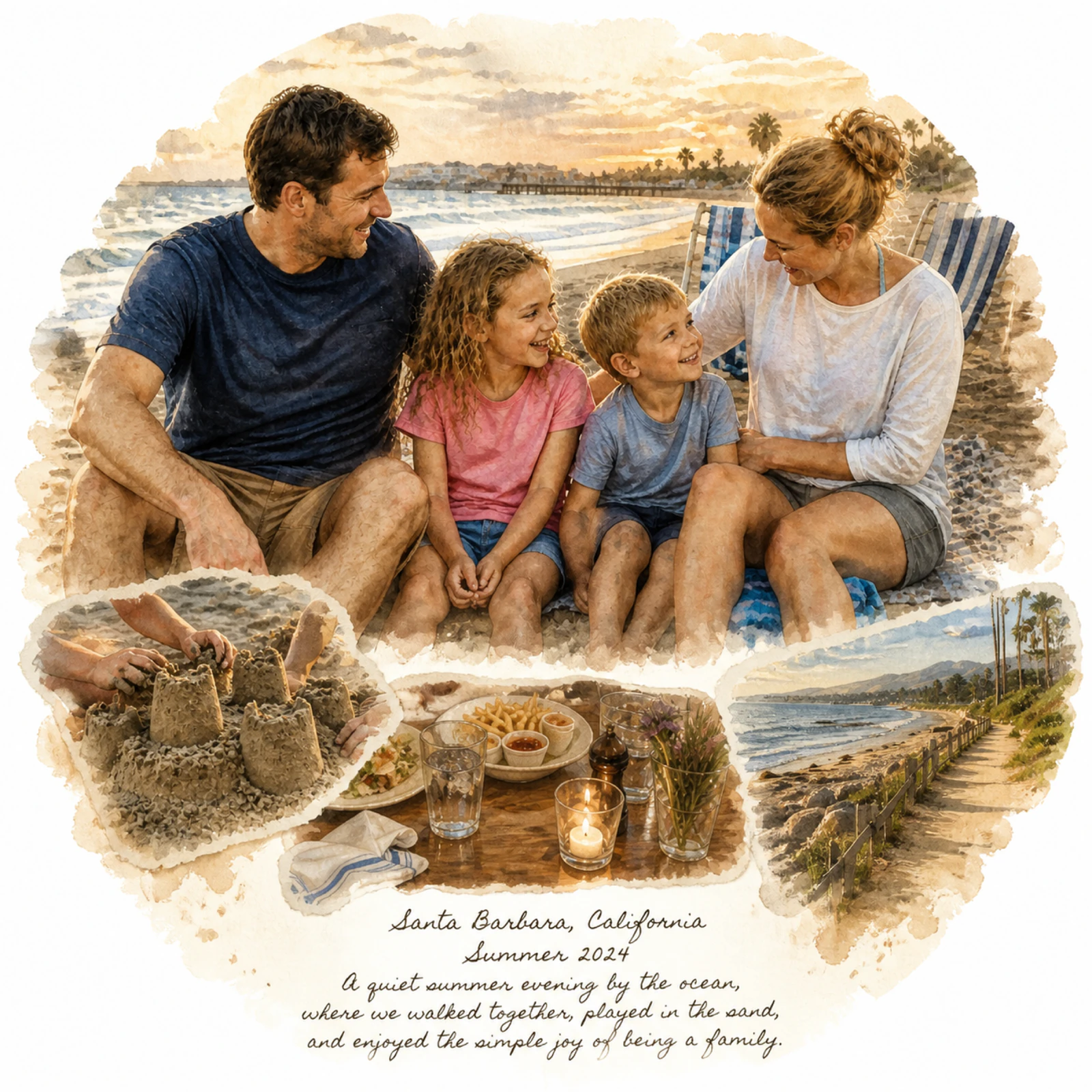 Santa Barbara circular family travel memory artwork showing the beach, sandcastle, dinner, and shoreline moments.