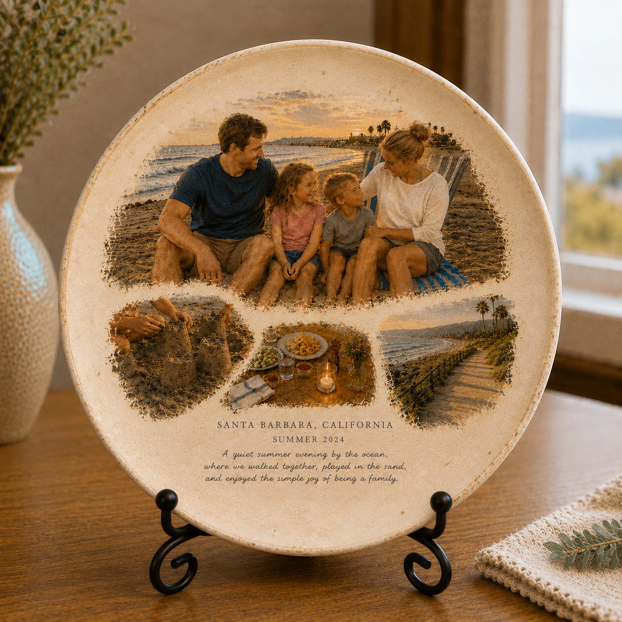 Santa Barbara circular ceramic plate travel memory keepsake on a tabletop stand