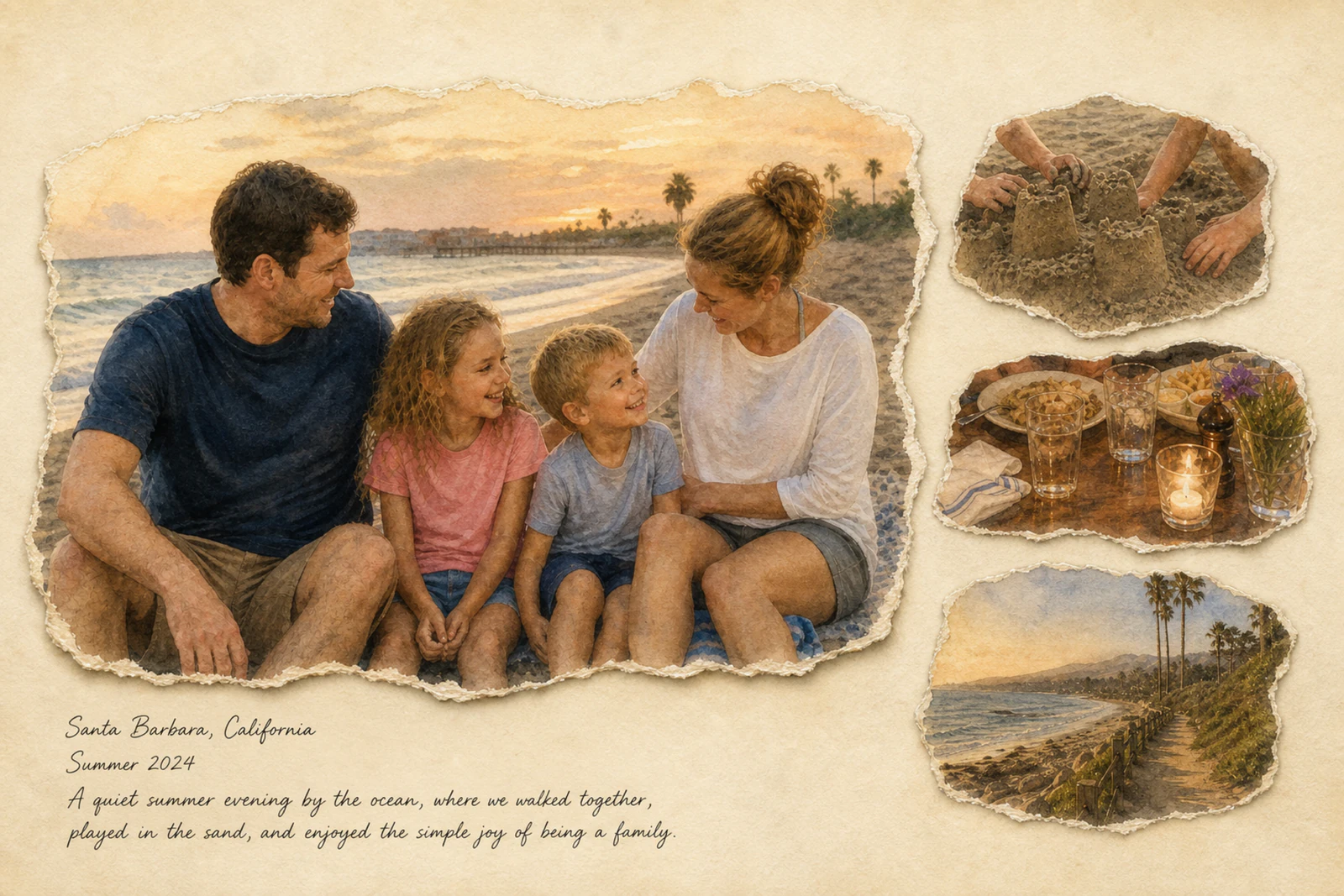 Santa Barbara family travel memory artwork showing the beach, sandcastle, dinner, and shoreline moments.
