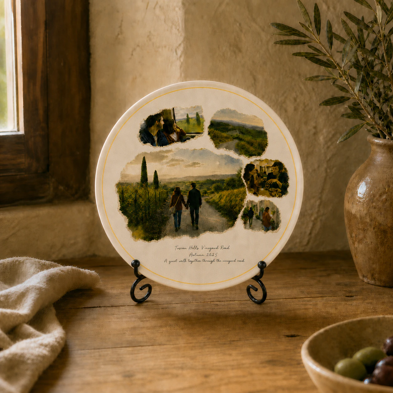 Ceramic keepsake plate displaying the Tuscan Hills memory artwork on a tabletop stand.