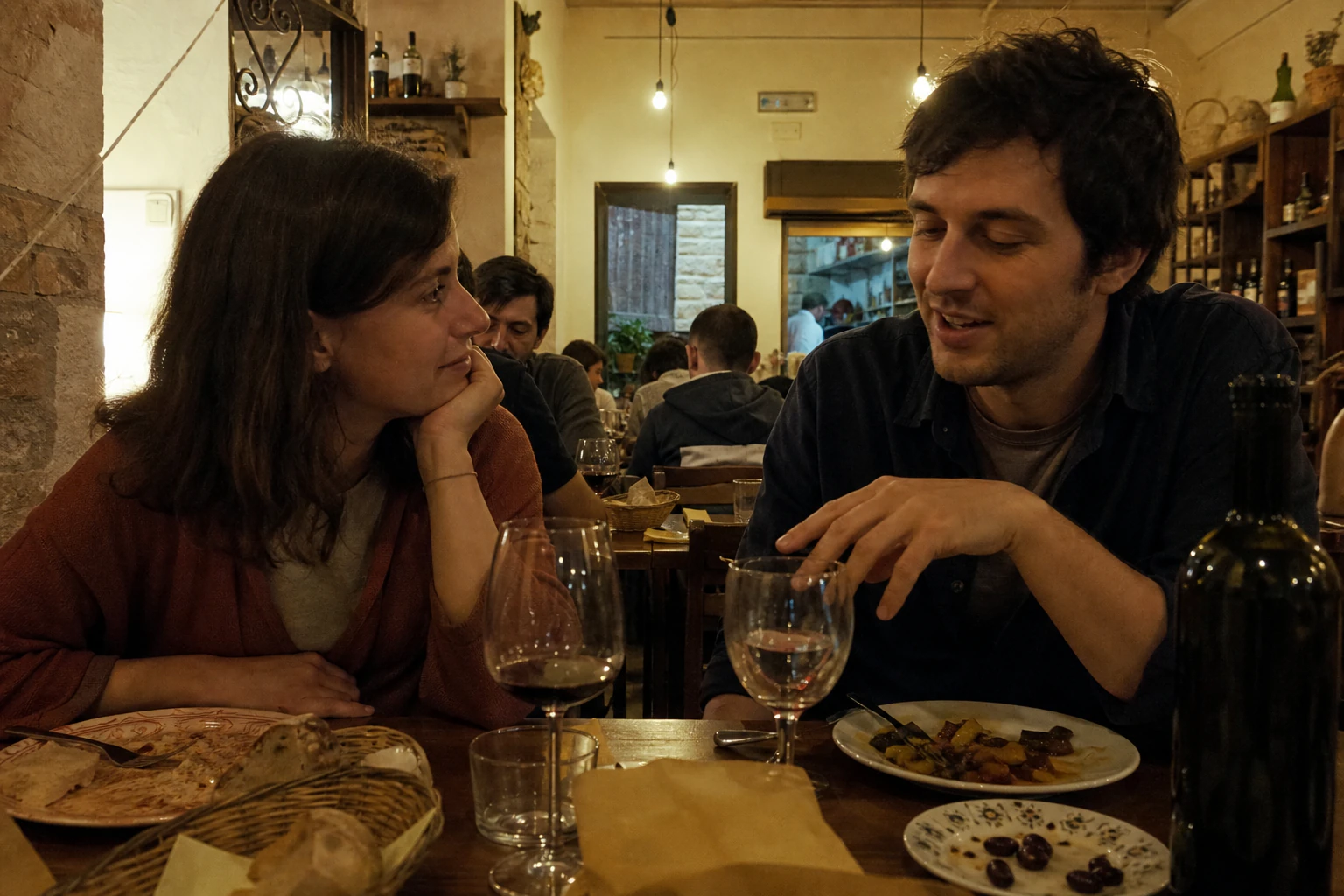 Source photograph of a couple sharing dinner at the end of the day.