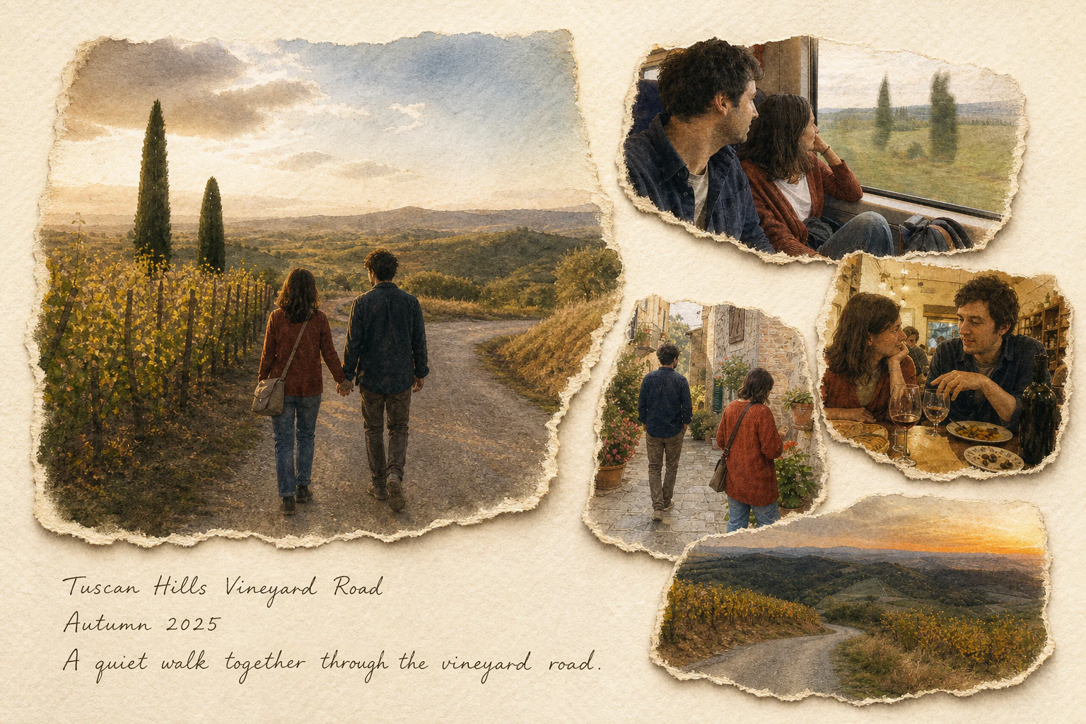Editorial watercolor memory artwork of a couple's walk through the Tuscan vineyard road, with smaller travel moments arranged around it.