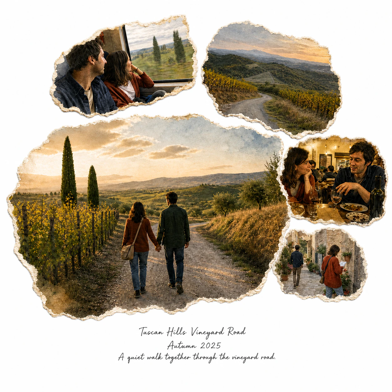 White-background watercolor memory artwork for the Tuscan Hills Vineyard Road memory.