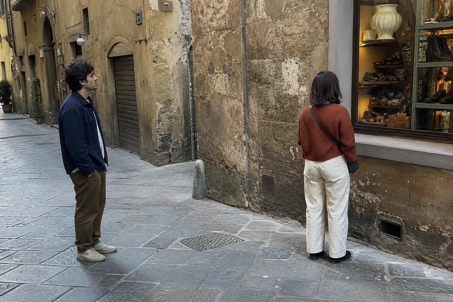 Source photograph of a couple looking together through a village shop window.