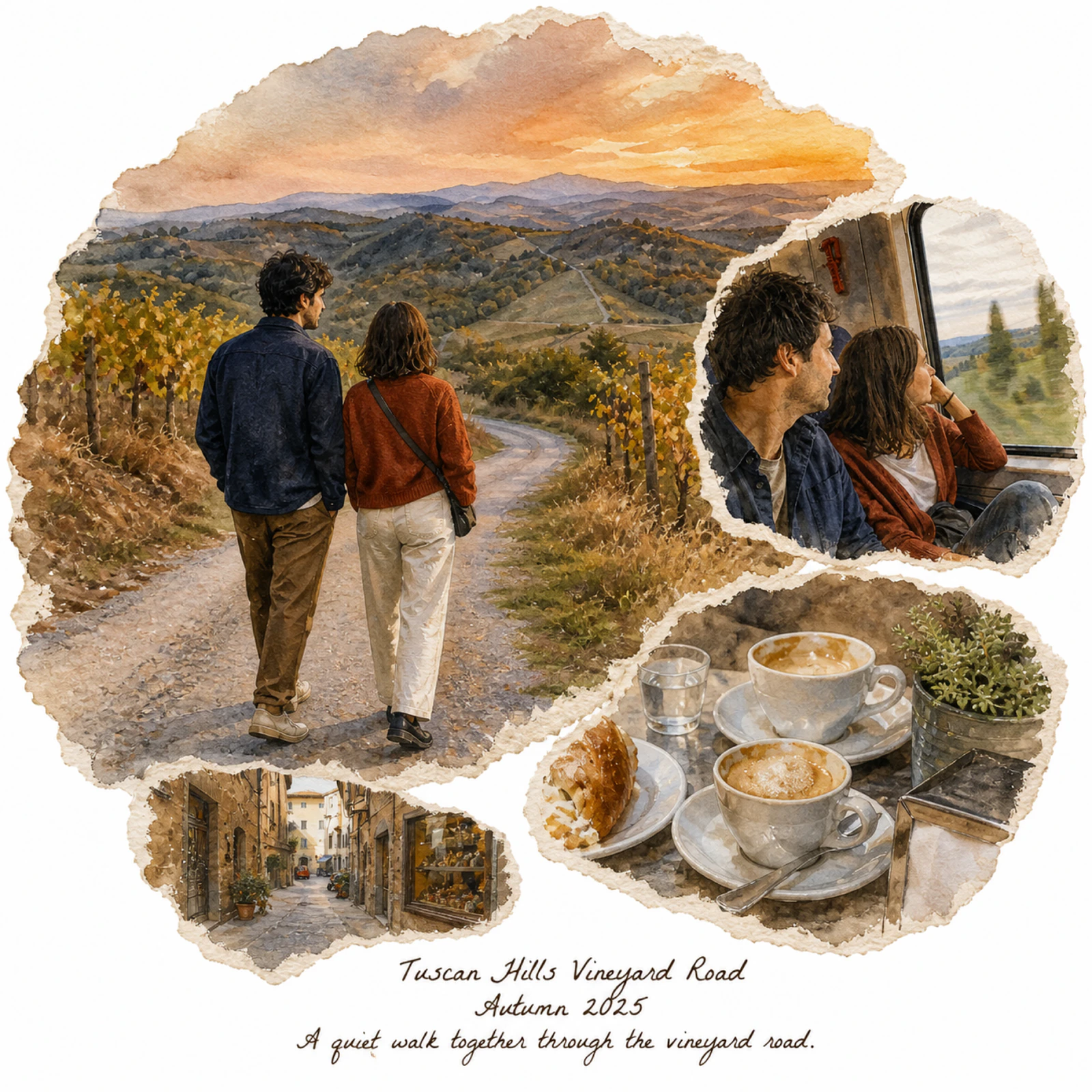 Tuscan Hills circular travel memory artwork showing the vineyard road, train, village, and cafe moments.
