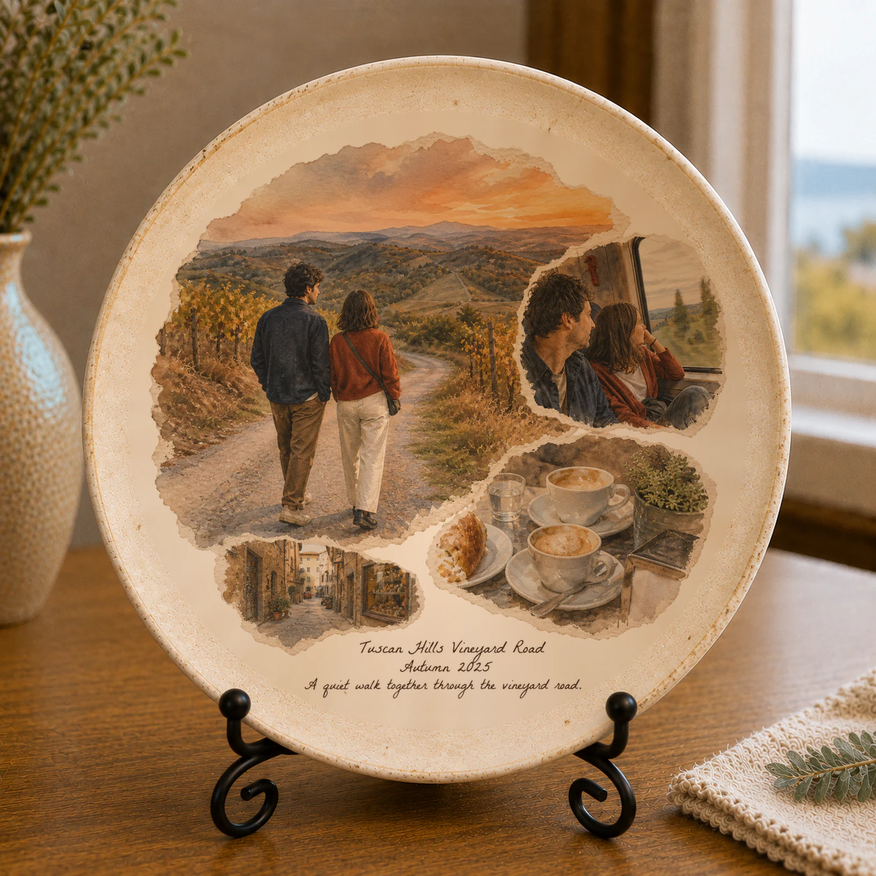 Tuscan Hills circular ceramic plate travel memory keepsake on a tabletop stand