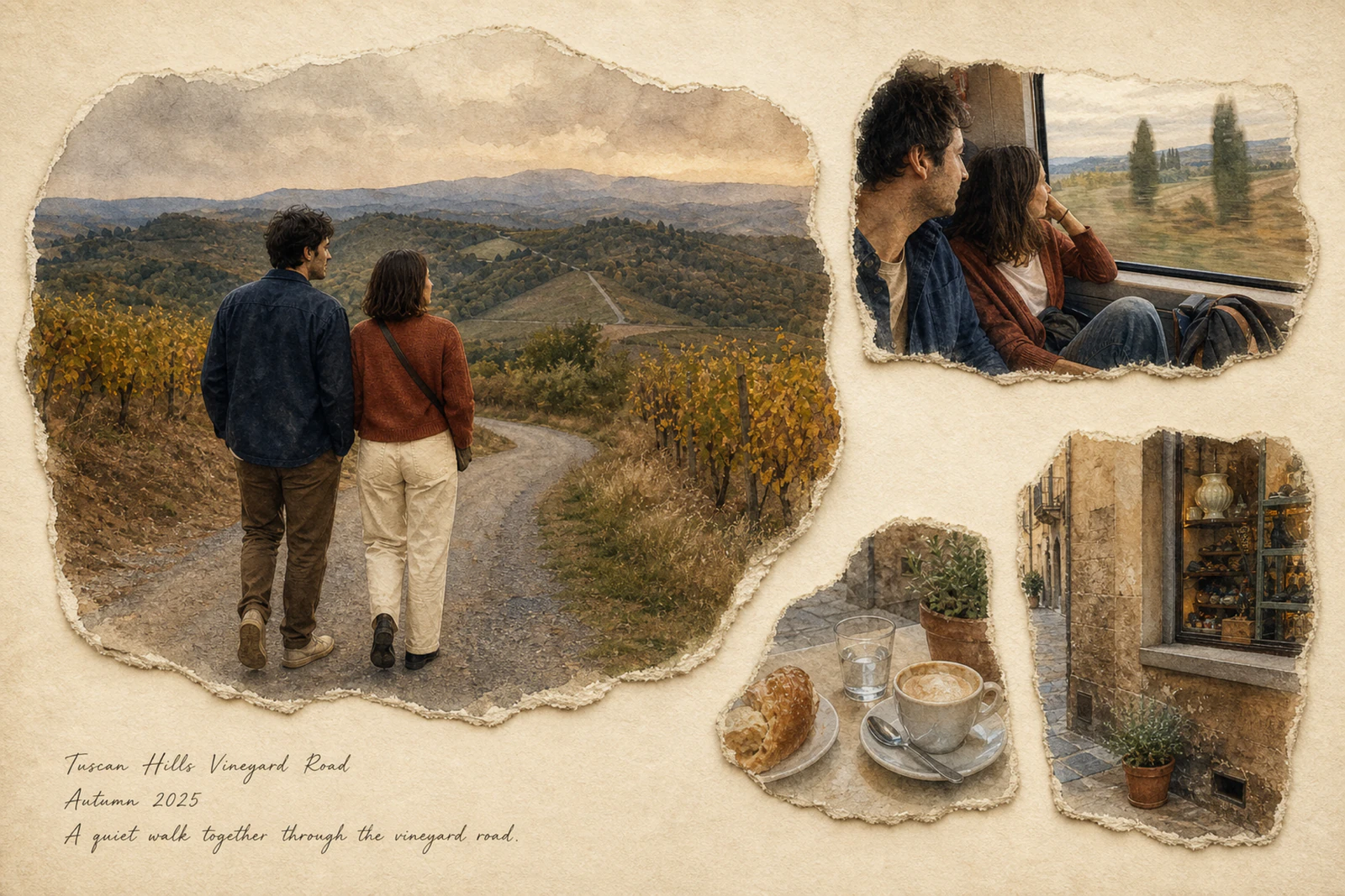 Tuscan Hills travel memory artwork showing a couple walking the vineyard road, with train, village, and cafe moments.