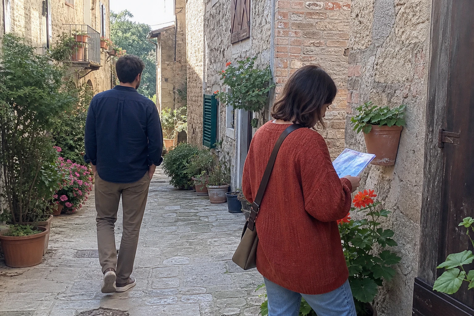 Source photograph of a couple walking through a quiet Tuscan village.