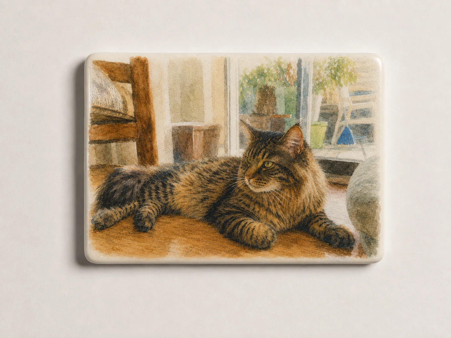 Final product mockup showing Milo's watercolor artwork on a ceramic keepsake.