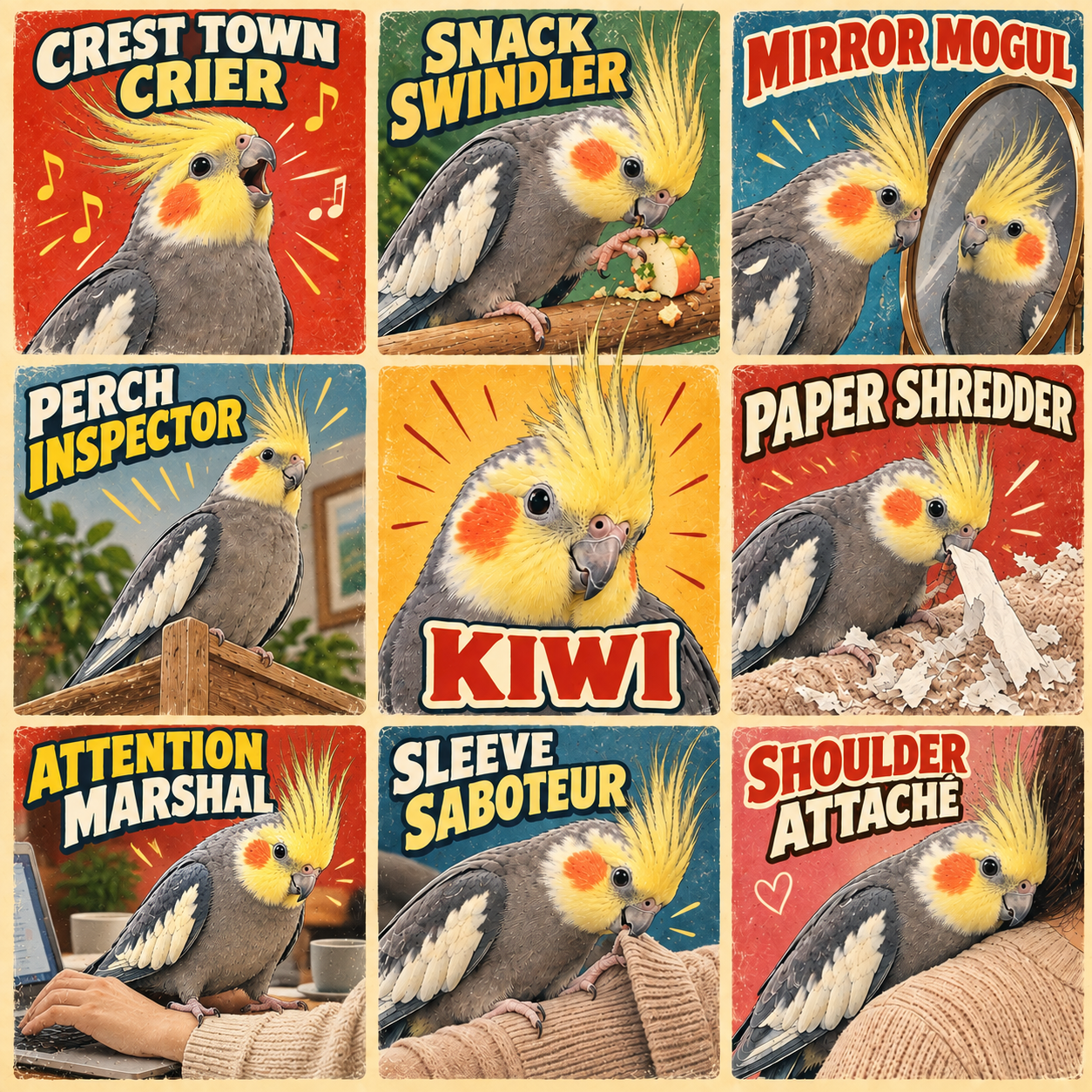 Kiwi full square 3×3 Persona Pop artwork with eight personality labels and their name in the center