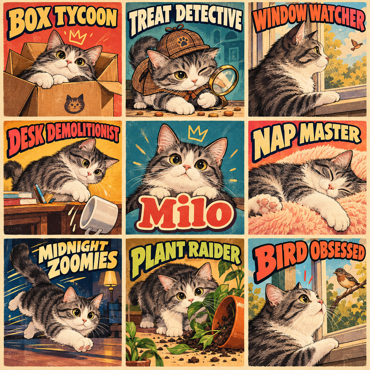 Milo full square 3×3 Persona Pop artwork with eight personality labels and their name in the center