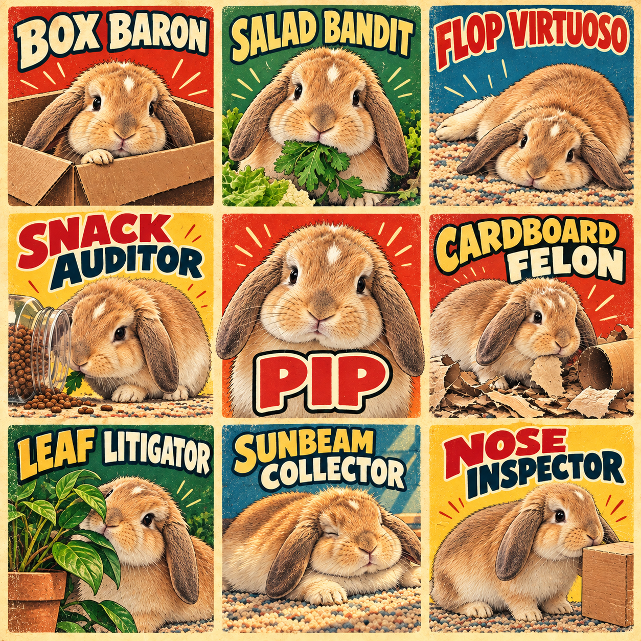 Pip full square 3×3 Persona Pop artwork with eight personality labels and their name in the center