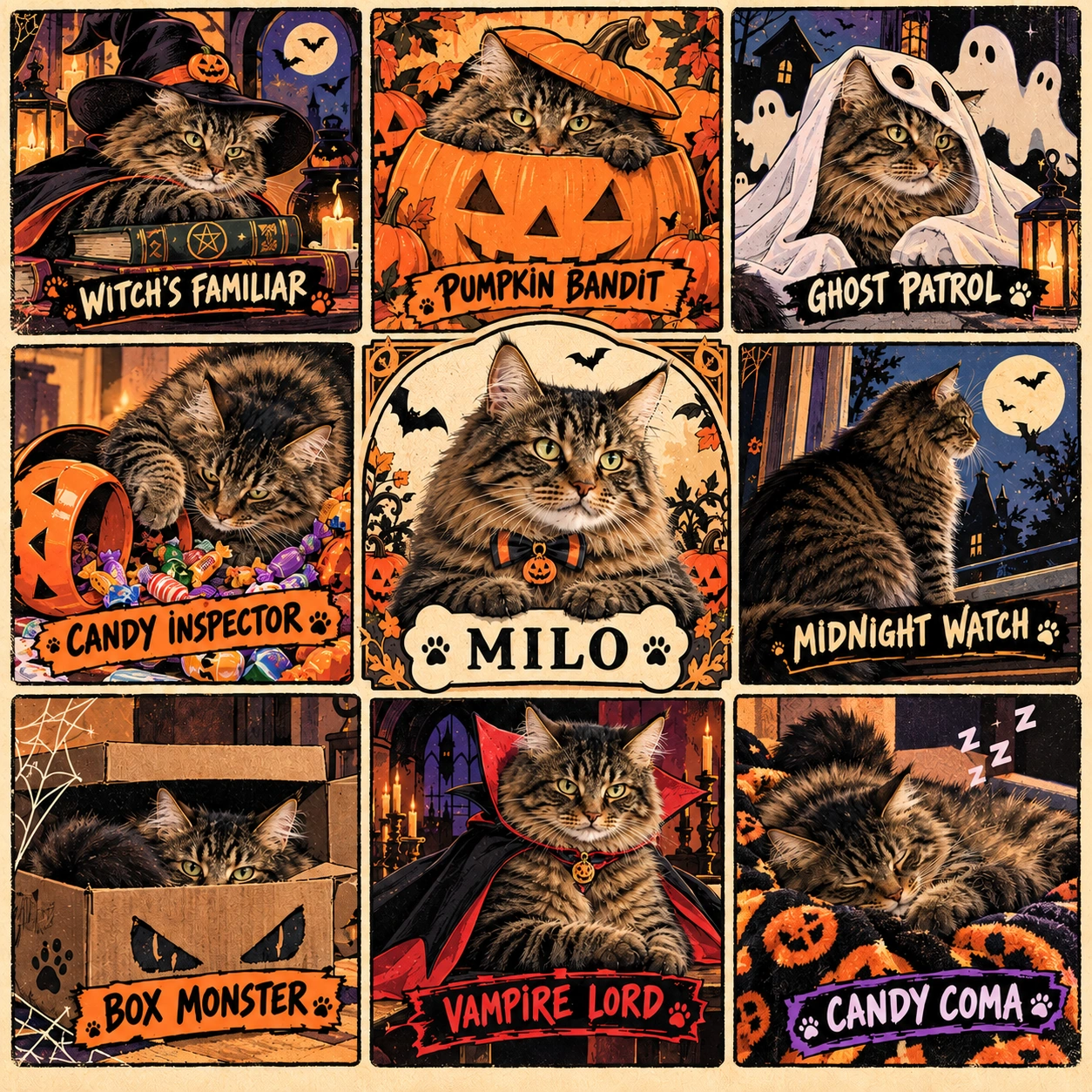 Milo the cat illustrated as eight humorous Halloween personas in a 3×3 Pet Persona Pop artwork.