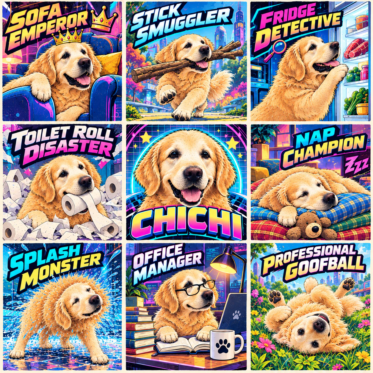 Chichi the golden retriever shown as eight humorous Persona characters in the Future Pop Pet Persona Pop style.
