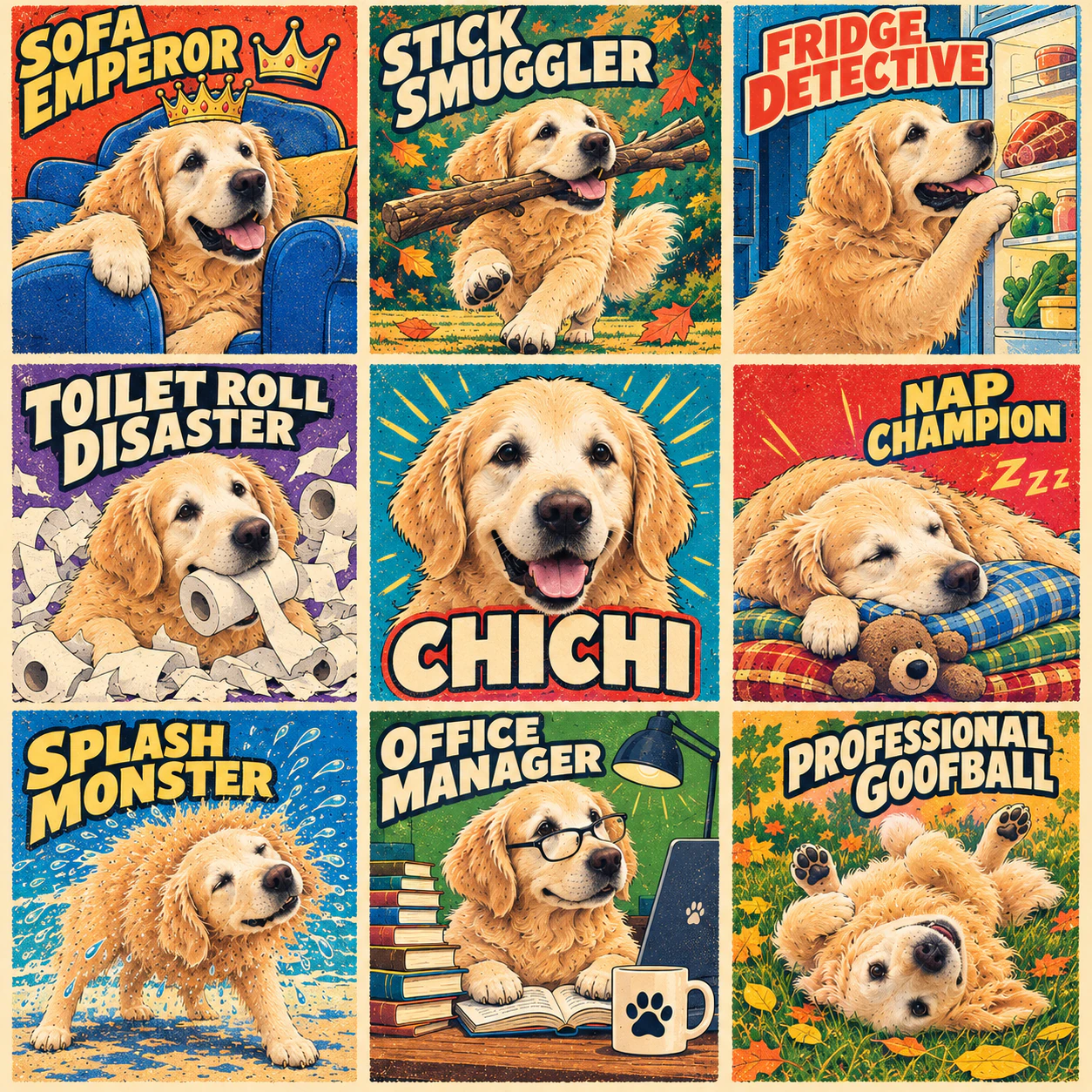 Chichi the golden retriever shown as eight humorous Persona characters in the Retro Print Pet Persona Pop style.