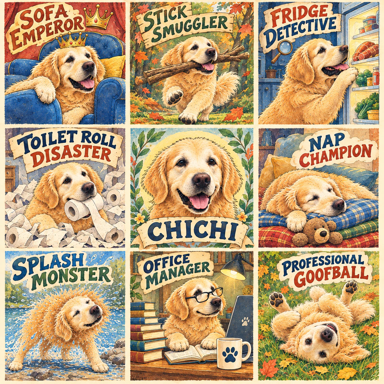 Chichi the golden retriever shown as eight humorous Persona characters in the Storybook Pet Persona Pop style.