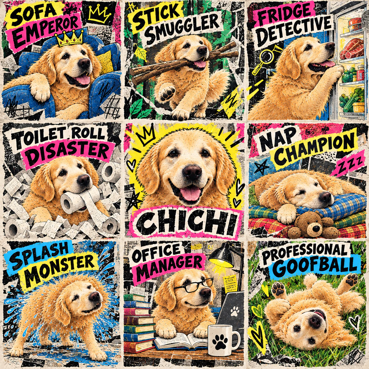 Chichi the golden retriever shown as eight humorous Persona characters in the Zine Punk Pet Persona Pop style.