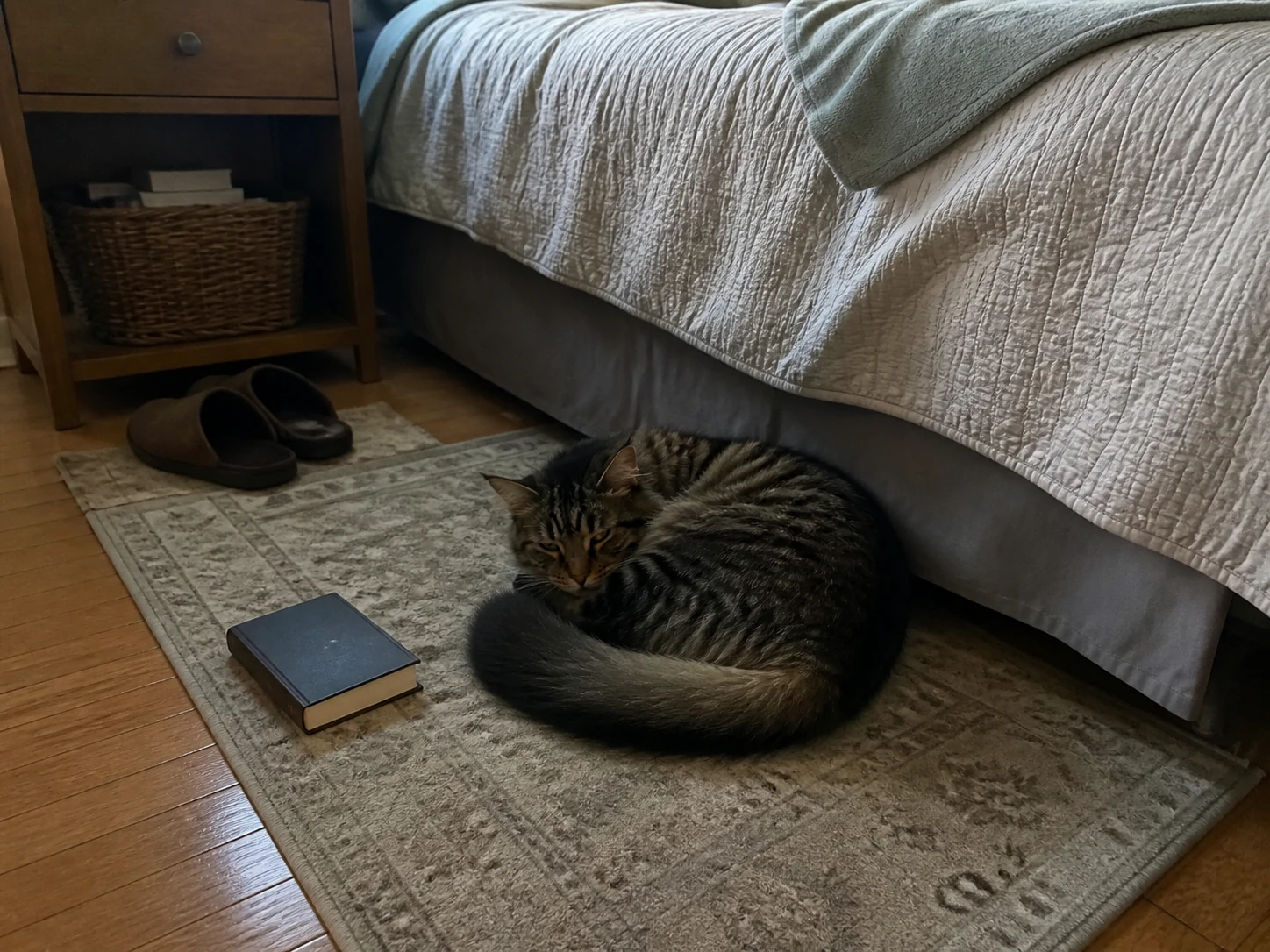 Milo curled up beneath a bed beside a book and a pair of slippers.