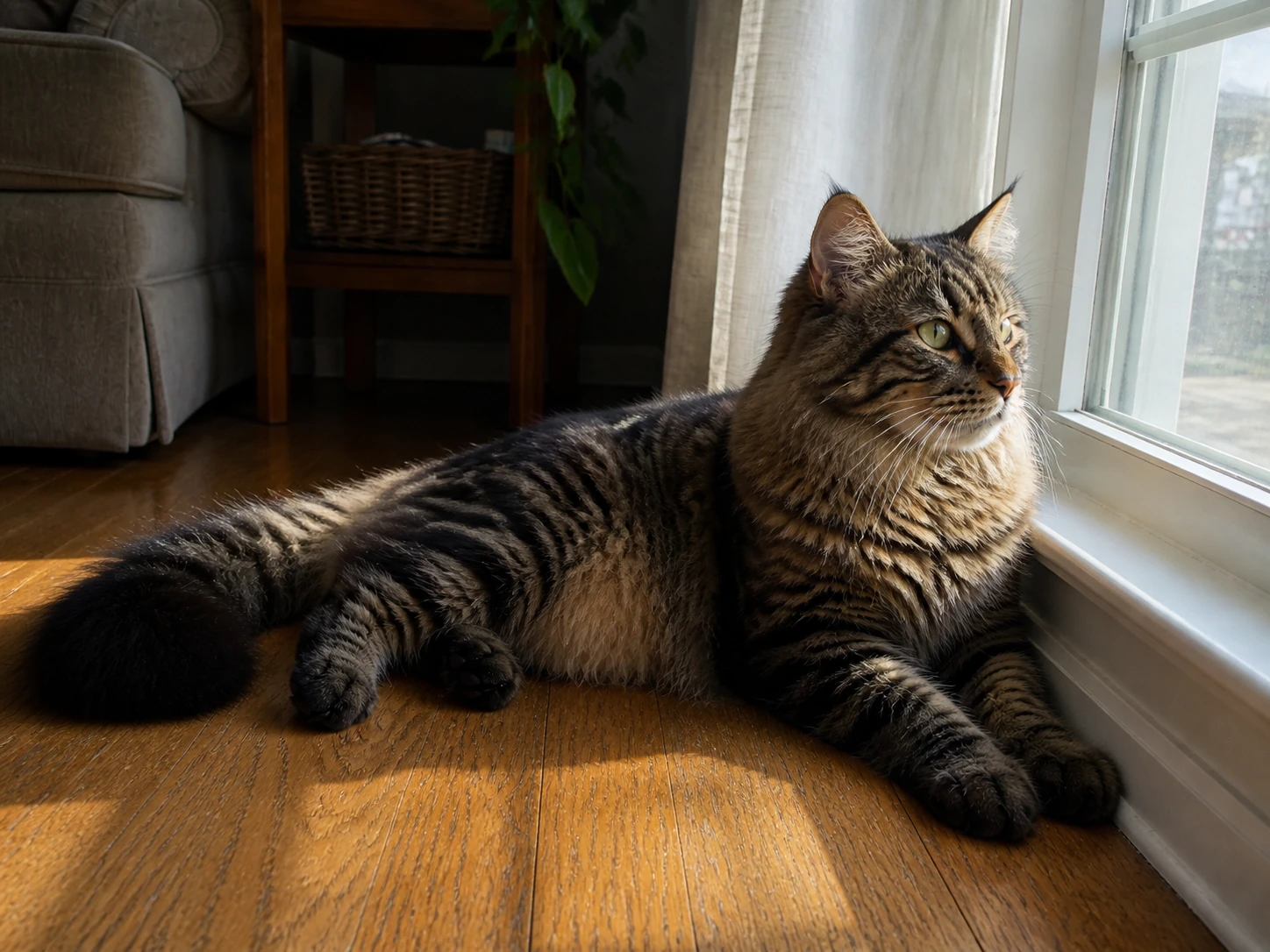 Milo resting beside a sunlit window.